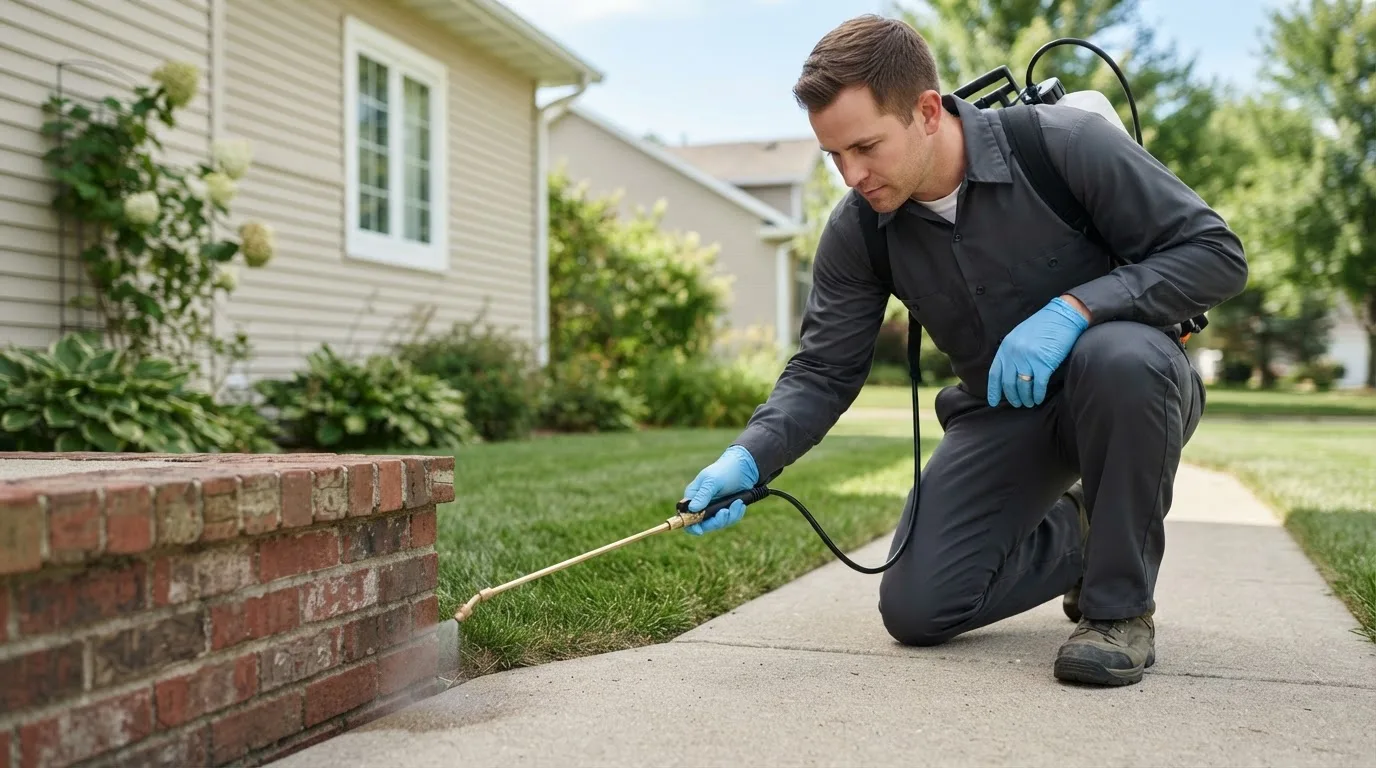 Pest control technician treating a home near Amesville, OH