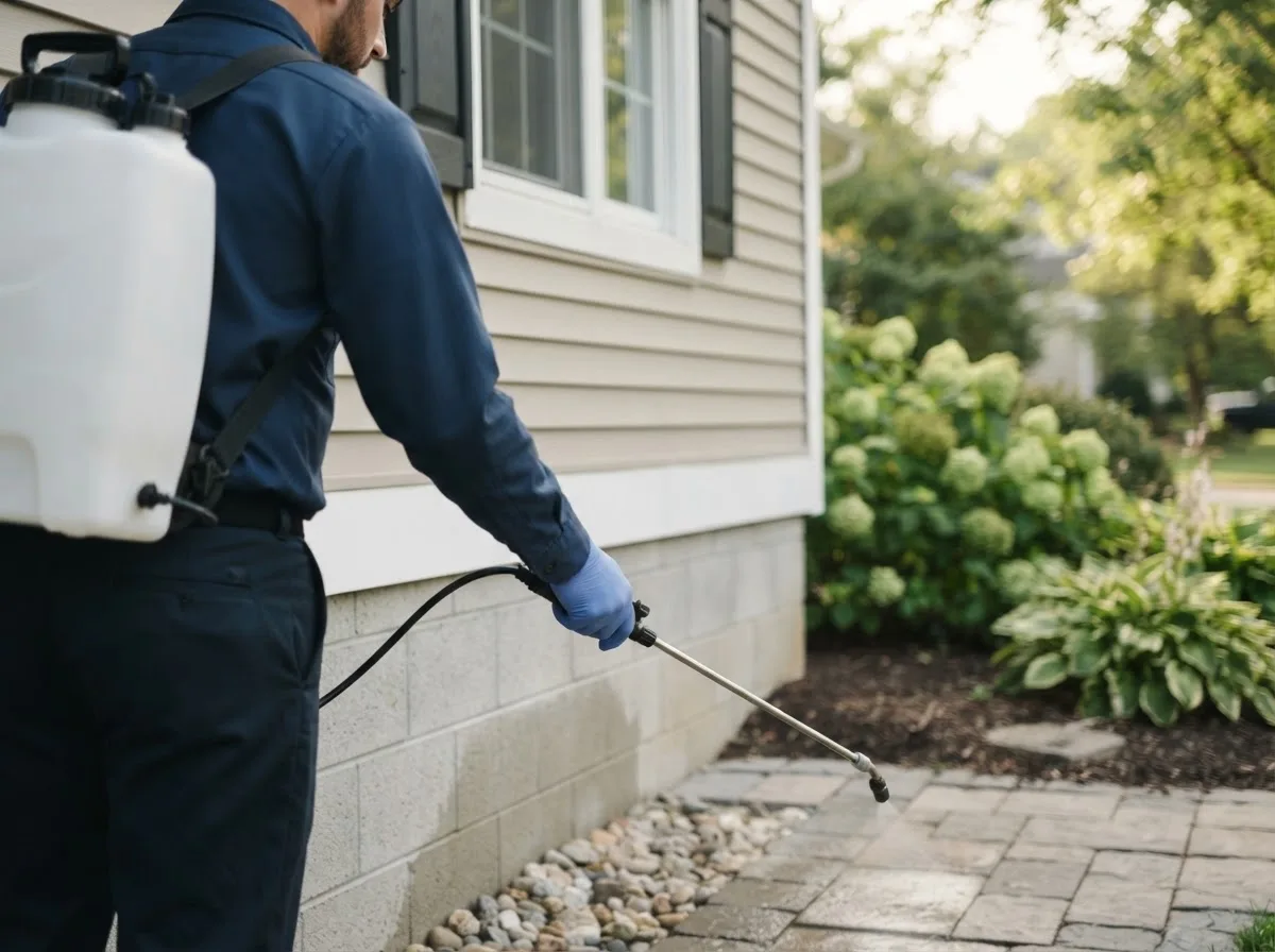 Pest control technician inspecting a home in Amesville, OH